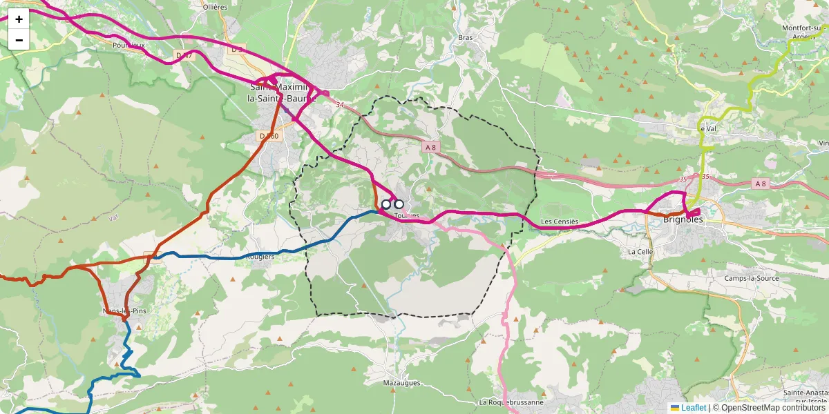 Carte du réseau de transport en commun à Tourves - lignes de bus et arrêts