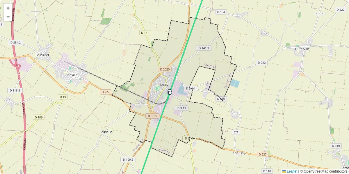 Carte du réseau de transport en commun à Toury - lignes de bus et arrêts