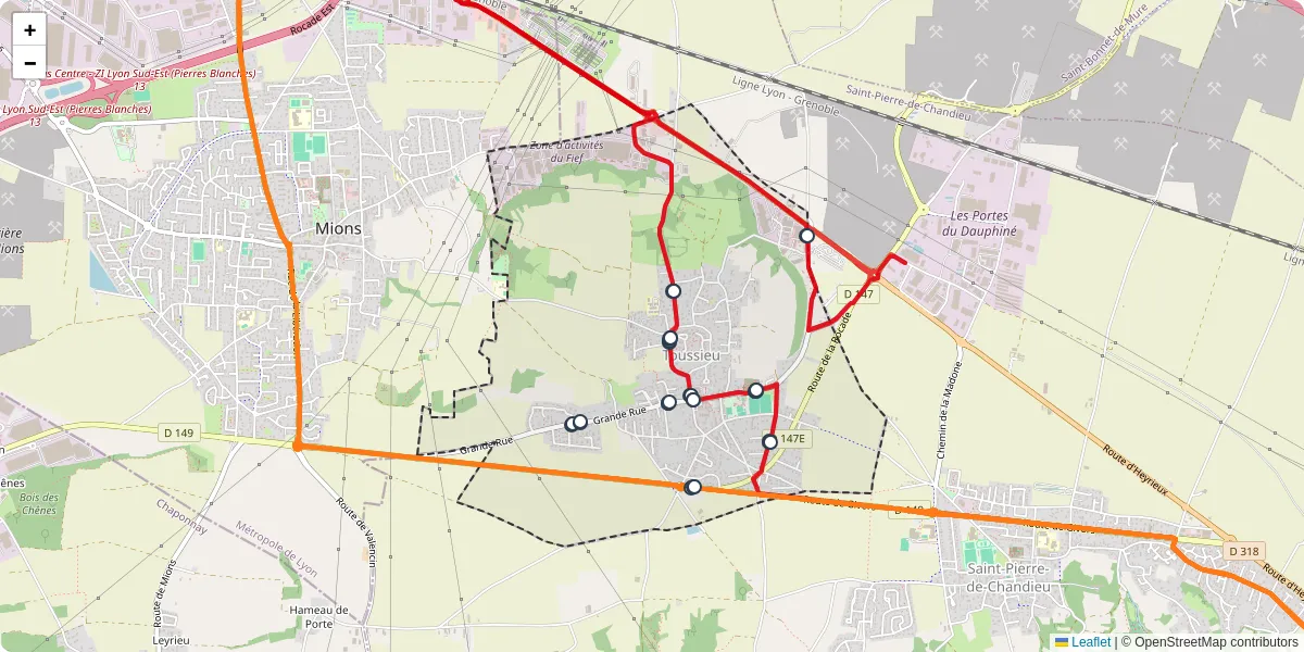 Carte du réseau de transport en commun à Toussieu - lignes de bus et arrêts