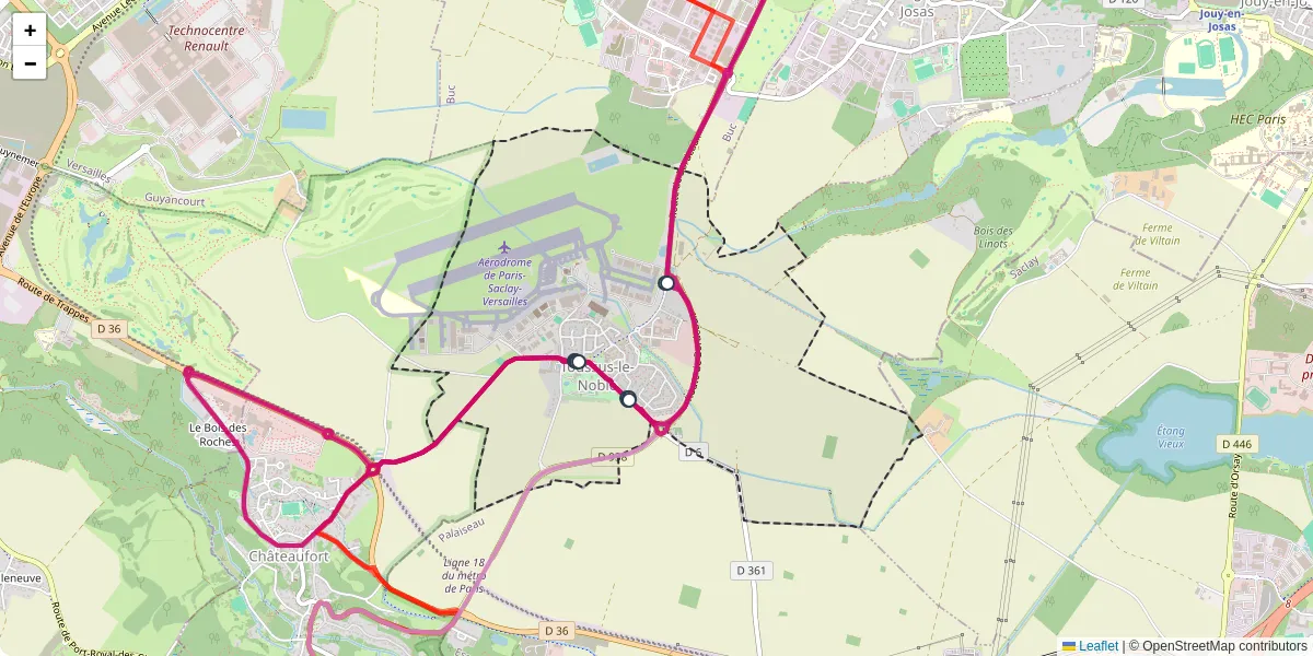 Carte du réseau de transport en commun à Toussus-le-Noble - lignes de bus et arrêts
