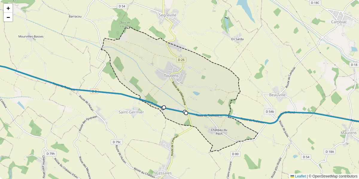 Carte du réseau de transport en commun à Toutens - lignes de bus et arrêts