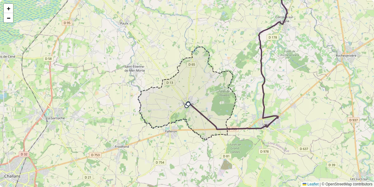 Carte du réseau de transport en commun à Touvois - lignes de bus et arrêts