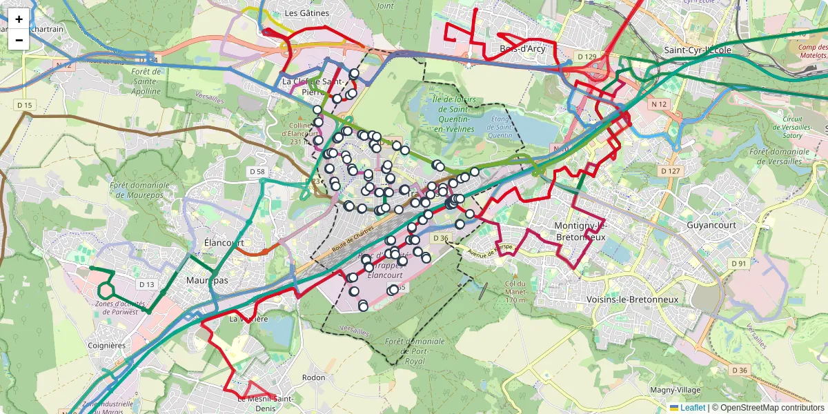 Carte du réseau de transport en commun à Trappes - lignes de bus et arrêts