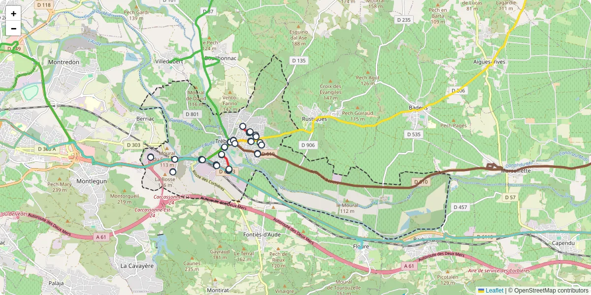 Carte du réseau de transport en commun à Trèbes - lignes de bus et arrêts