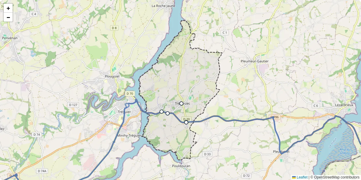 Carte du réseau de transport en commun à Trédarzec - lignes de bus et arrêts