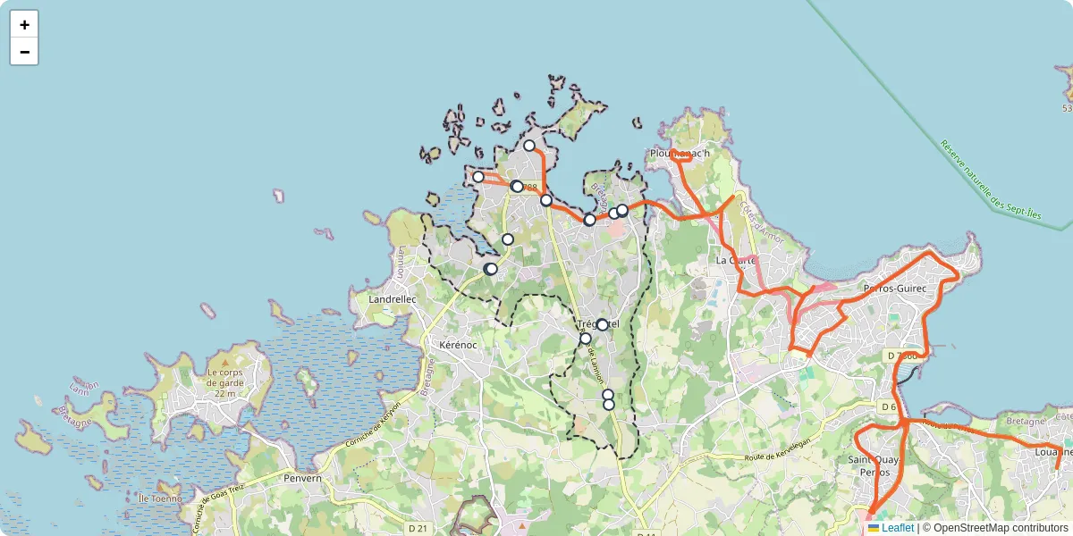 Carte du réseau de transport en commun à Trégastel - lignes de bus et arrêts