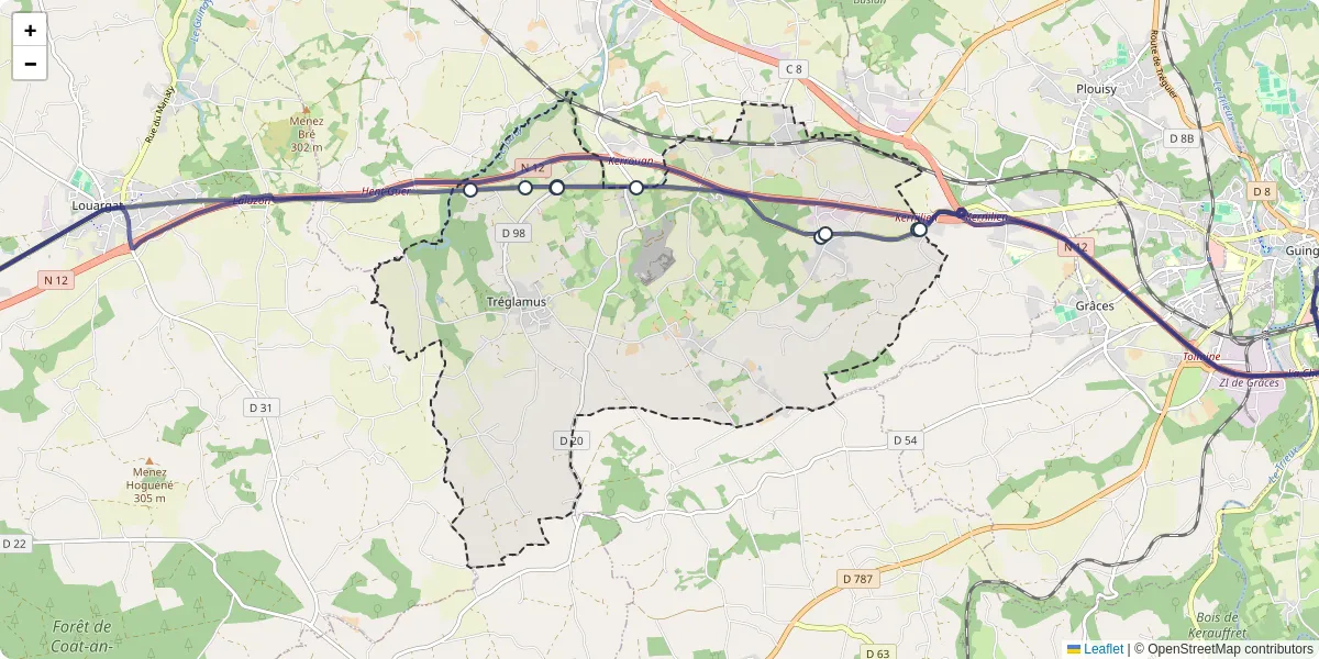 Carte du réseau de transport en commun à Tréglamus - lignes de bus et arrêts