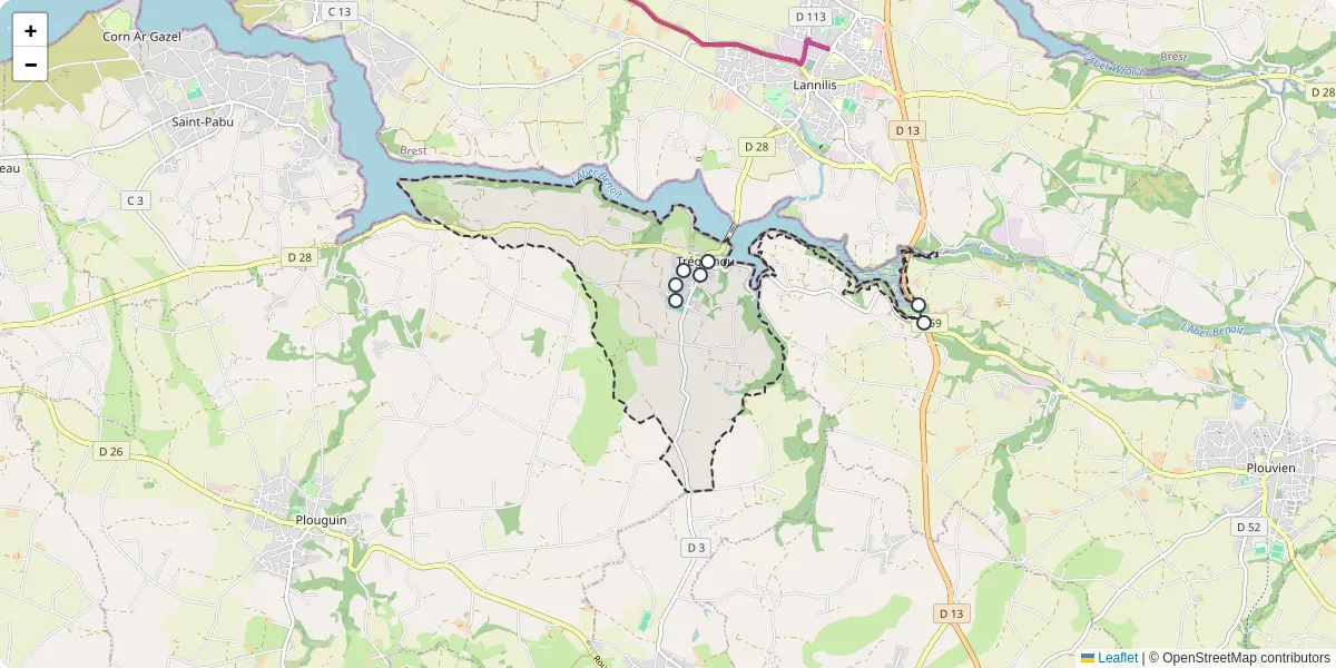 Carte du réseau de transport en commun à Tréglonou - lignes de bus et arrêts