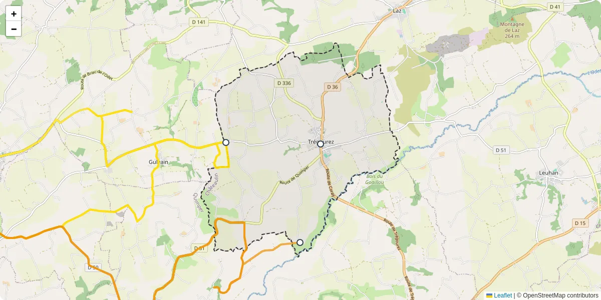 Carte du réseau de transport en commun à Trégourez - lignes de bus et arrêts