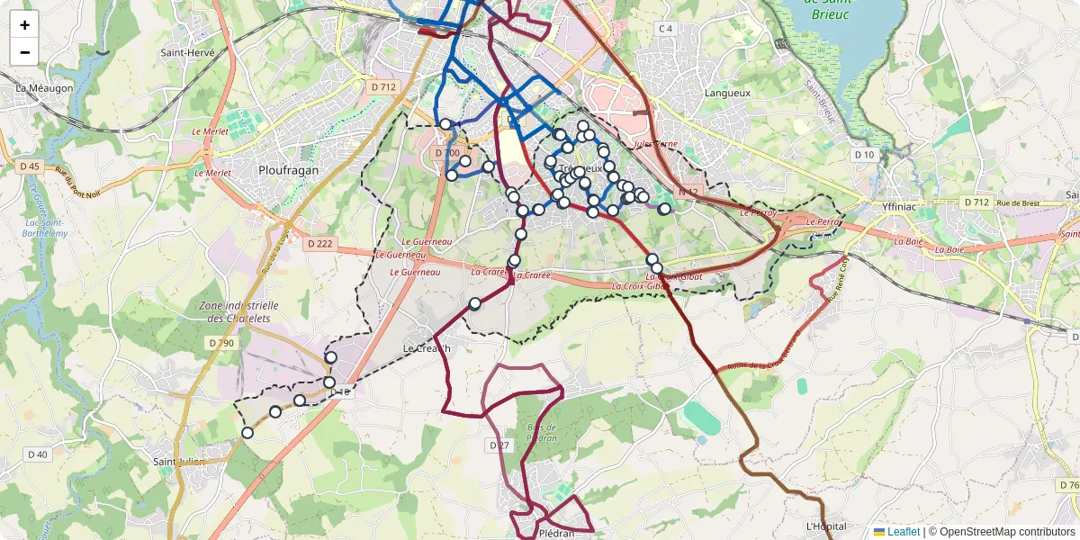 Carte du réseau de transport en commun à Trégueux - lignes de bus et arrêts