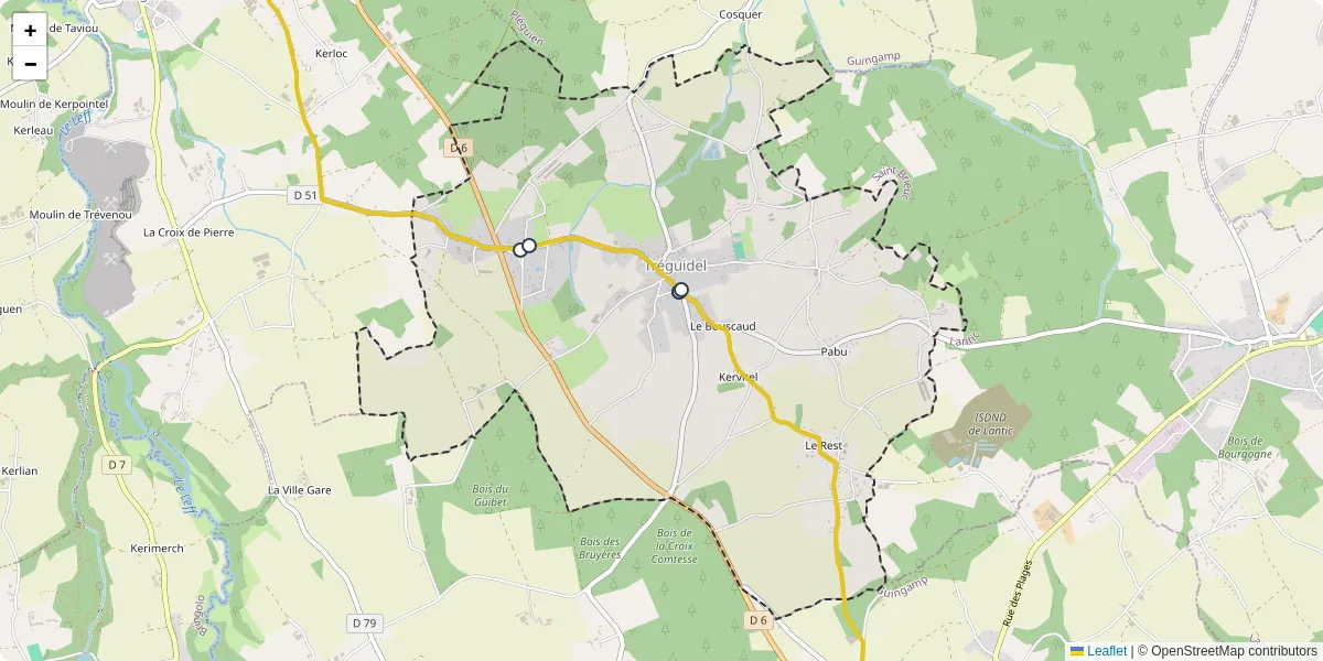 Carte du réseau de transport en commun à Tréguidel - lignes de bus et arrêts