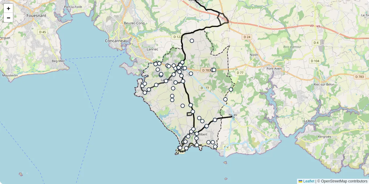 Carte du réseau de transport en commun à Trégunc - lignes de bus et arrêts