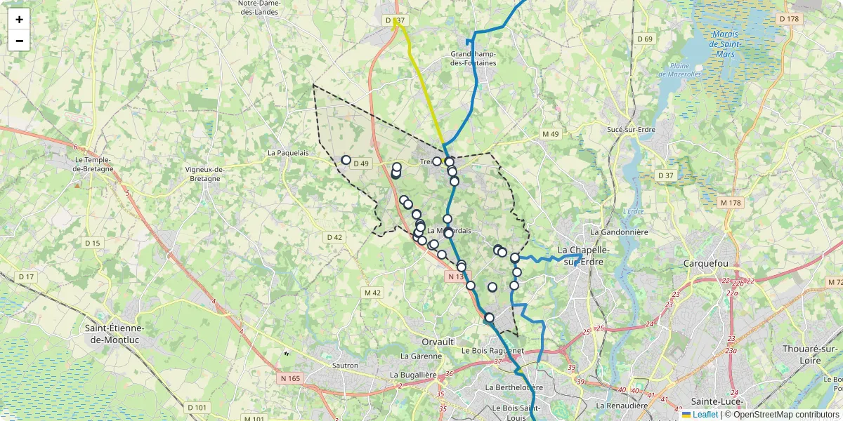 Carte du réseau de transport en commun à Treillières - lignes de bus et arrêts