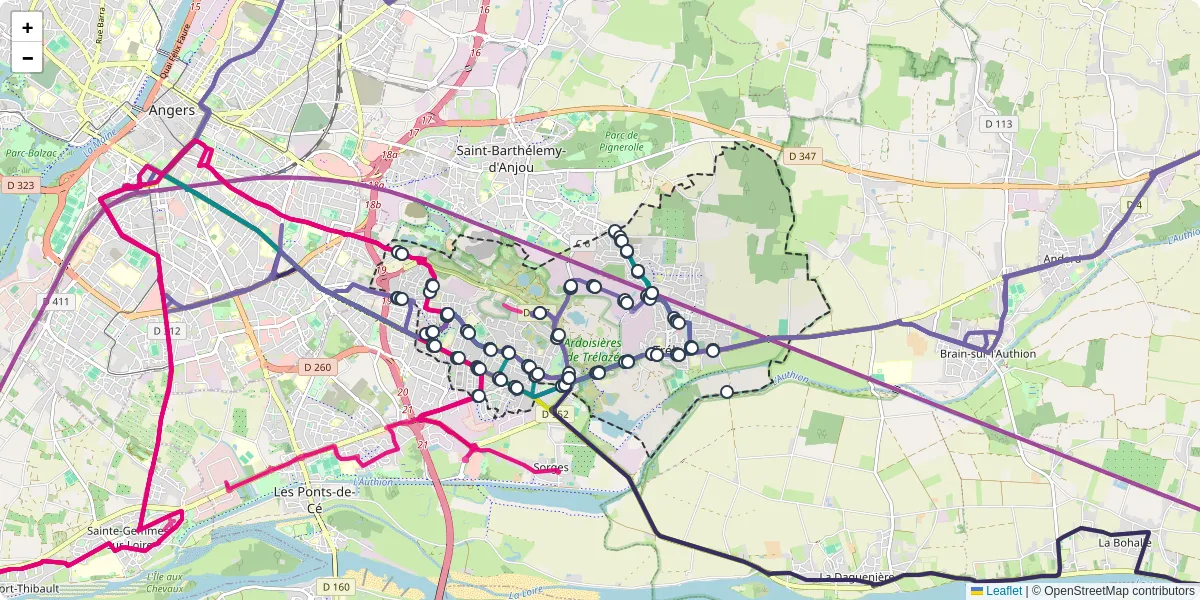 Carte du réseau de transport en commun à Trélazé - lignes de bus et arrêts