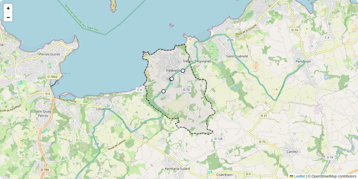 Carte du réseau de transport en commun à Trélévern - lignes de bus et arrêts
