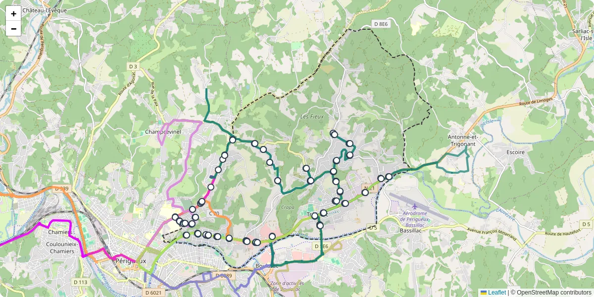Carte du réseau de transport en commun à Trélissac - lignes de bus et arrêts