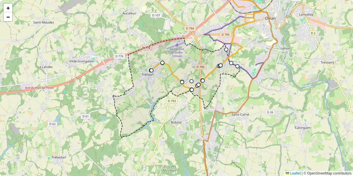 Carte du réseau de transport en commun à Trélivan - lignes de bus et arrêts
