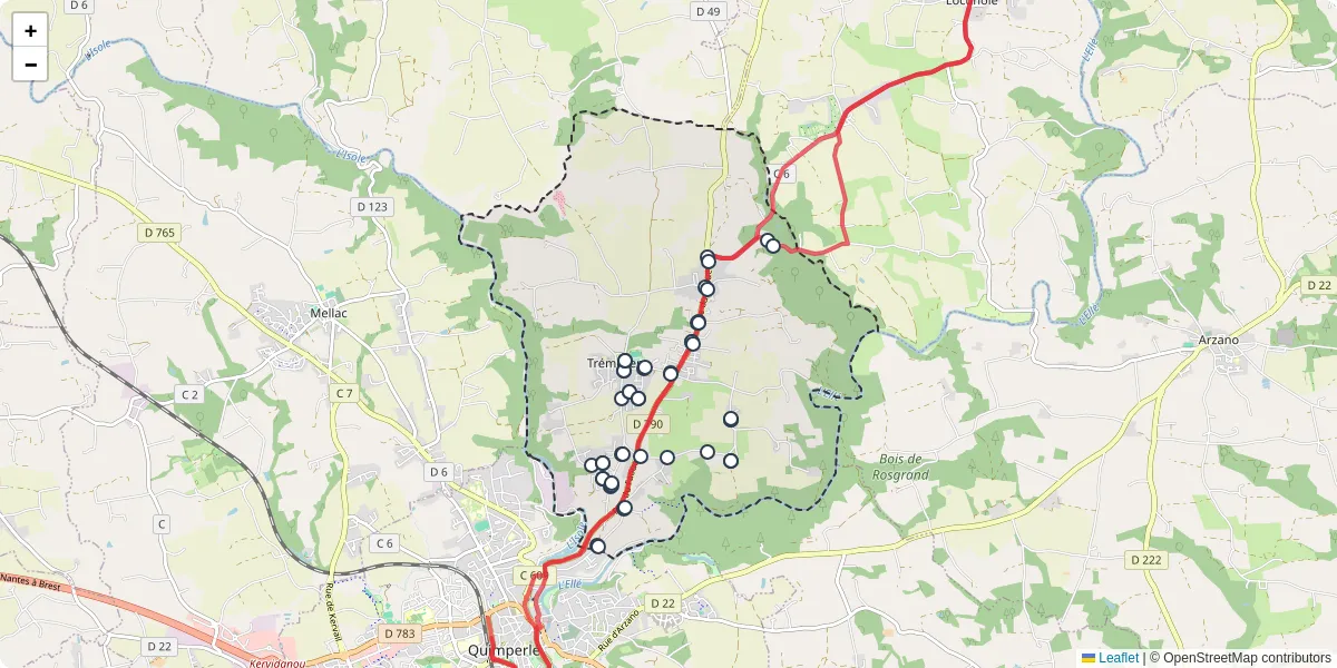 Carte du réseau de transport en commun à Tréméven - lignes de bus et arrêts