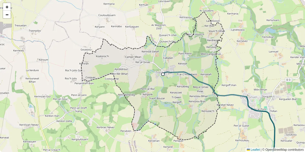 Carte du réseau de transport en commun à Tréouergat - lignes de bus et arrêts