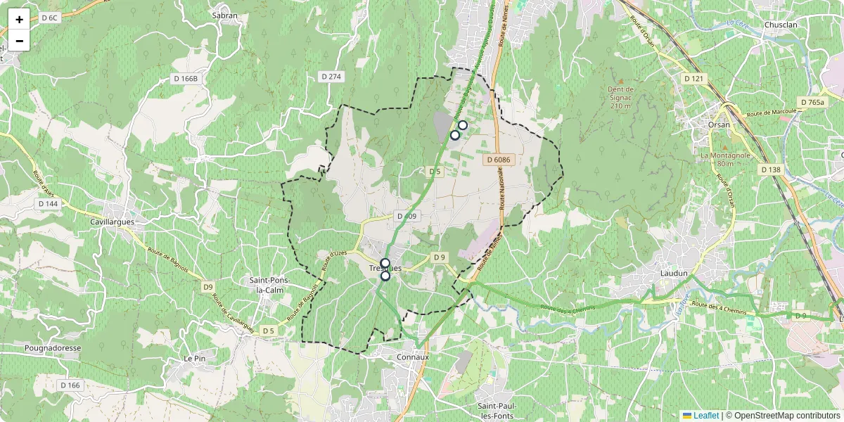 Carte du réseau de transport en commun à Tresques - lignes de bus et arrêts