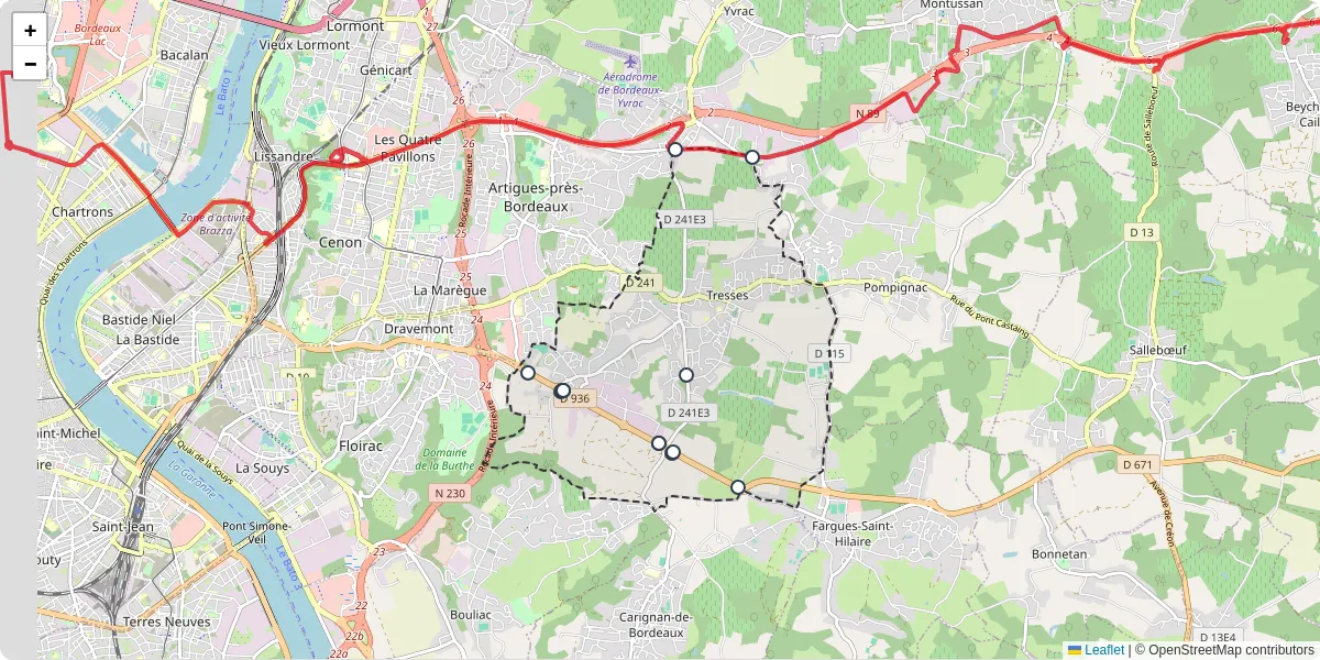 Carte du réseau de transport en commun à Tresses - lignes de bus et arrêts