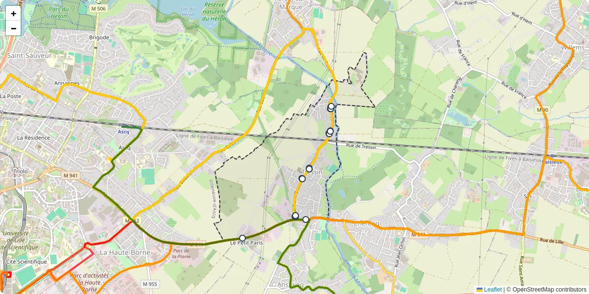 Carte du réseau de transport en commun à Tressin - lignes de bus et arrêts