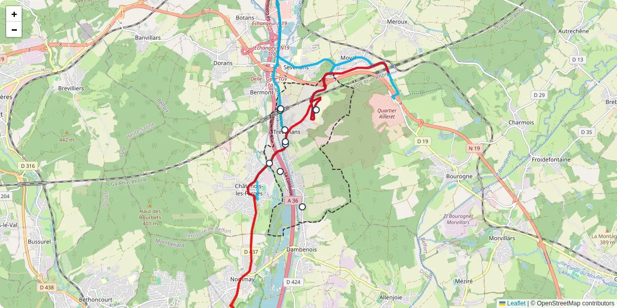 Carte du réseau de transport en commun à Trévenans - lignes de bus et arrêts