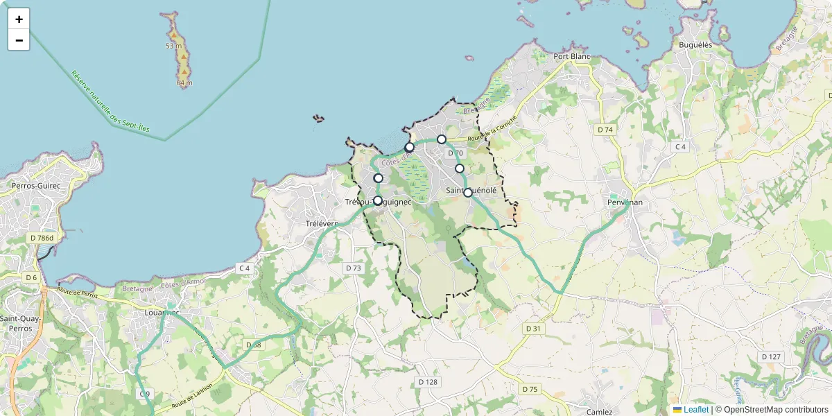 Carte du réseau de transport en commun à Trévou-Tréguignec - lignes de bus et arrêts