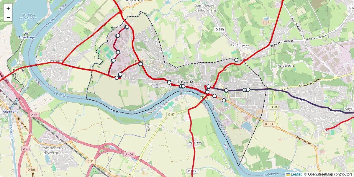Carte du réseau de transport en commun à Trévoux - lignes de bus et arrêts