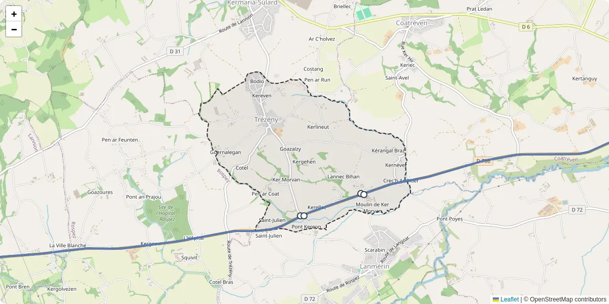 Carte du réseau de transport en commun à Trézény - lignes de bus et arrêts