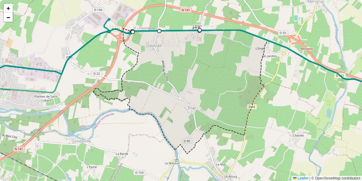 Carte du réseau de transport en commun à Triac-Lautrait - lignes de bus et arrêts