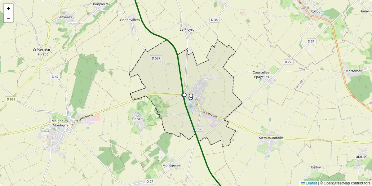 Carte du réseau de transport en commun à Tricot - lignes de bus et arrêts