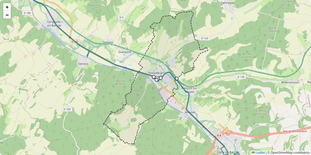 Carte du réseau de transport en commun à Tronville-en-Barrois - lignes de bus et arrêts