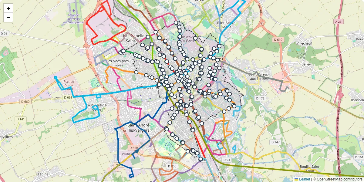 Carte du réseau de transport en commun à Troyes - lignes de bus et arrêts