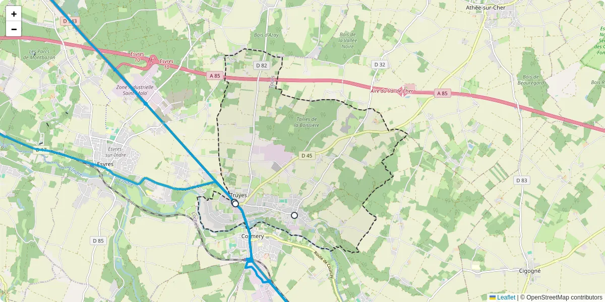 Carte du réseau de transport en commun à Truyes - lignes de bus et arrêts