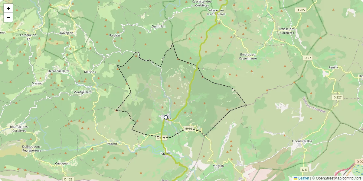 Carte du réseau de transport en commun à Tuchan - lignes de bus et arrêts
