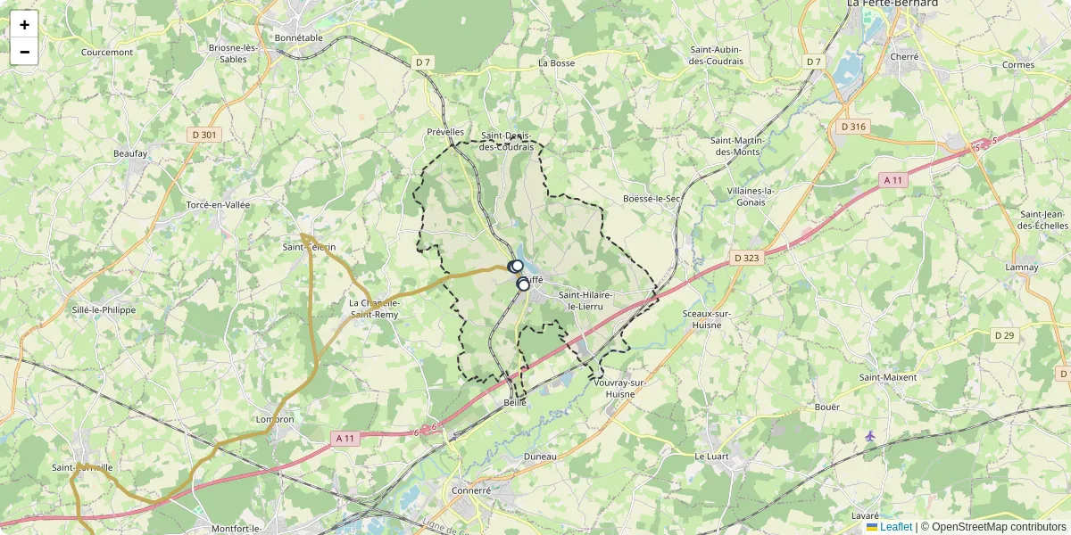 Carte du réseau de transport en commun à Tuffé Val de la Chéronne - lignes de bus et arrêts