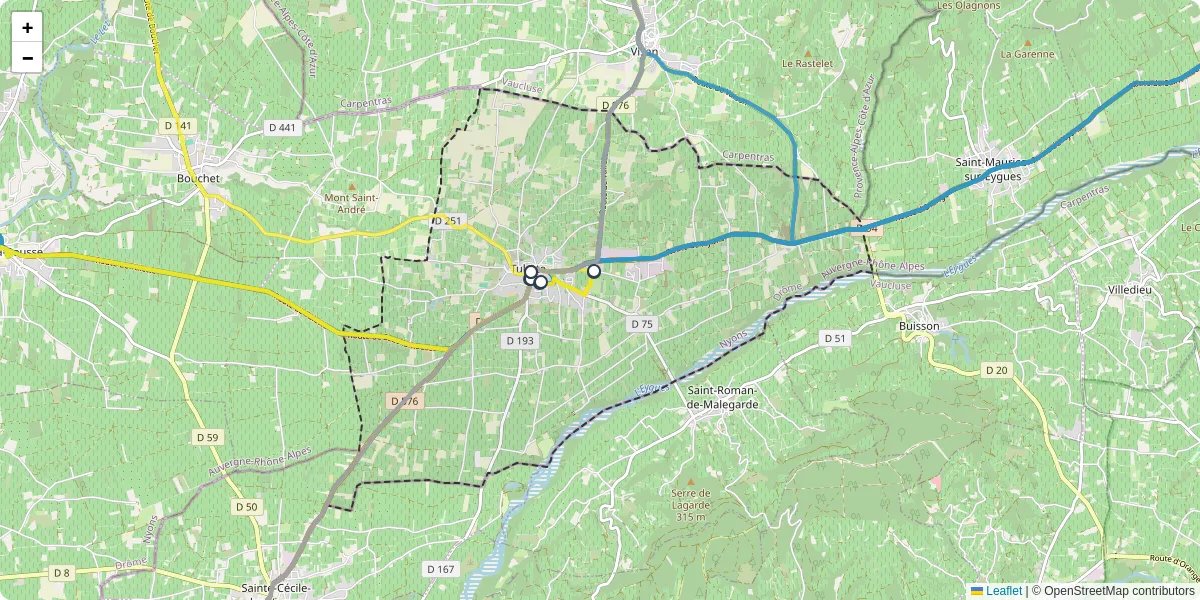 Carte du réseau de transport en commun à Tulette - lignes de bus et arrêts