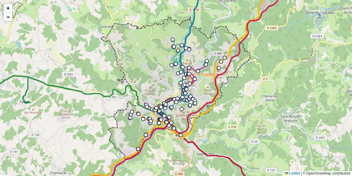 Carte du réseau de transport en commun à Tulle - lignes de bus et arrêts