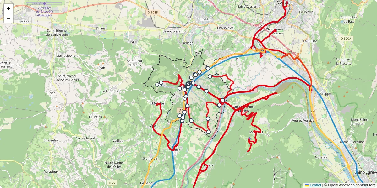 Carte du réseau de transport en commun à Tullins - lignes de bus et arrêts
