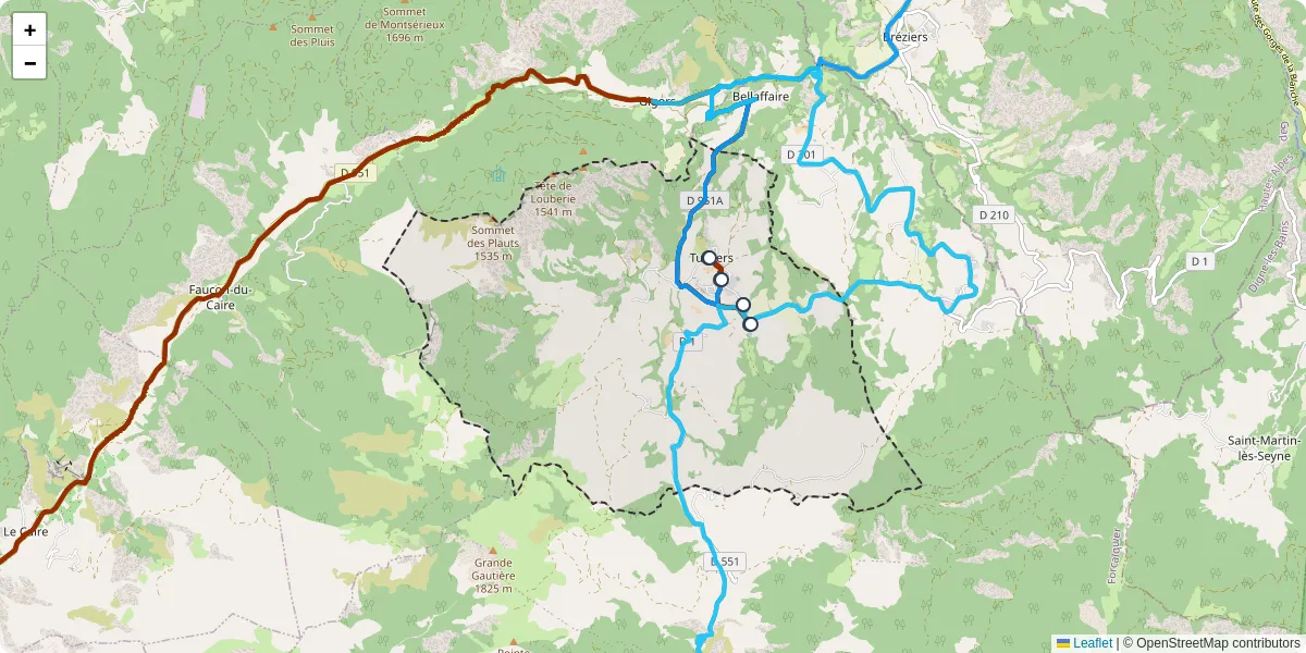 Carte du réseau de transport en commun à Turriers - lignes de bus et arrêts