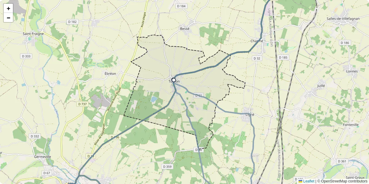 Carte du réseau de transport en commun à Tusson - lignes de bus et arrêts