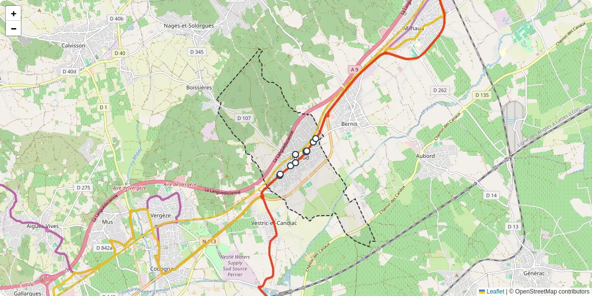 Carte du réseau de transport en commun à Uchaud - lignes de bus et arrêts