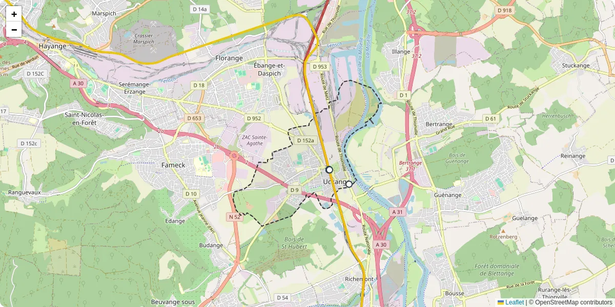 Carte du réseau de transport en commun à Uckange - lignes de bus et arrêts