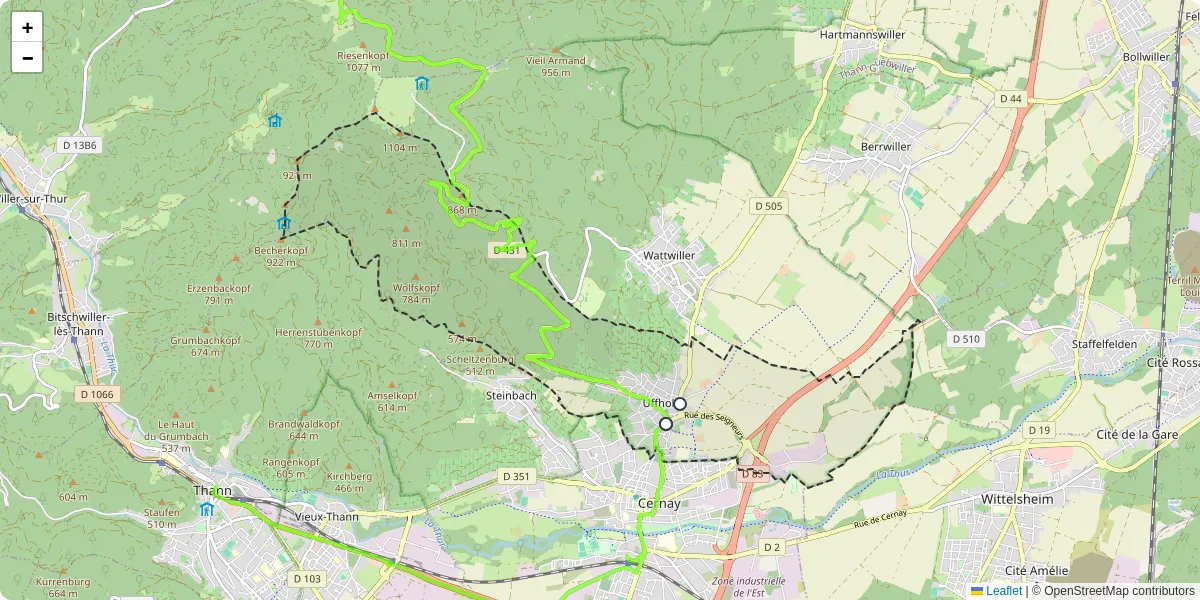 Carte du réseau de transport en commun à Uffholtz - lignes de bus et arrêts
