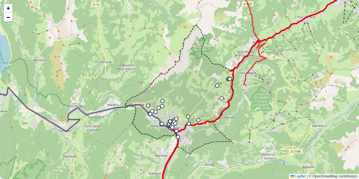 Carte du réseau de transport en commun à Ugine - lignes de bus et arrêts