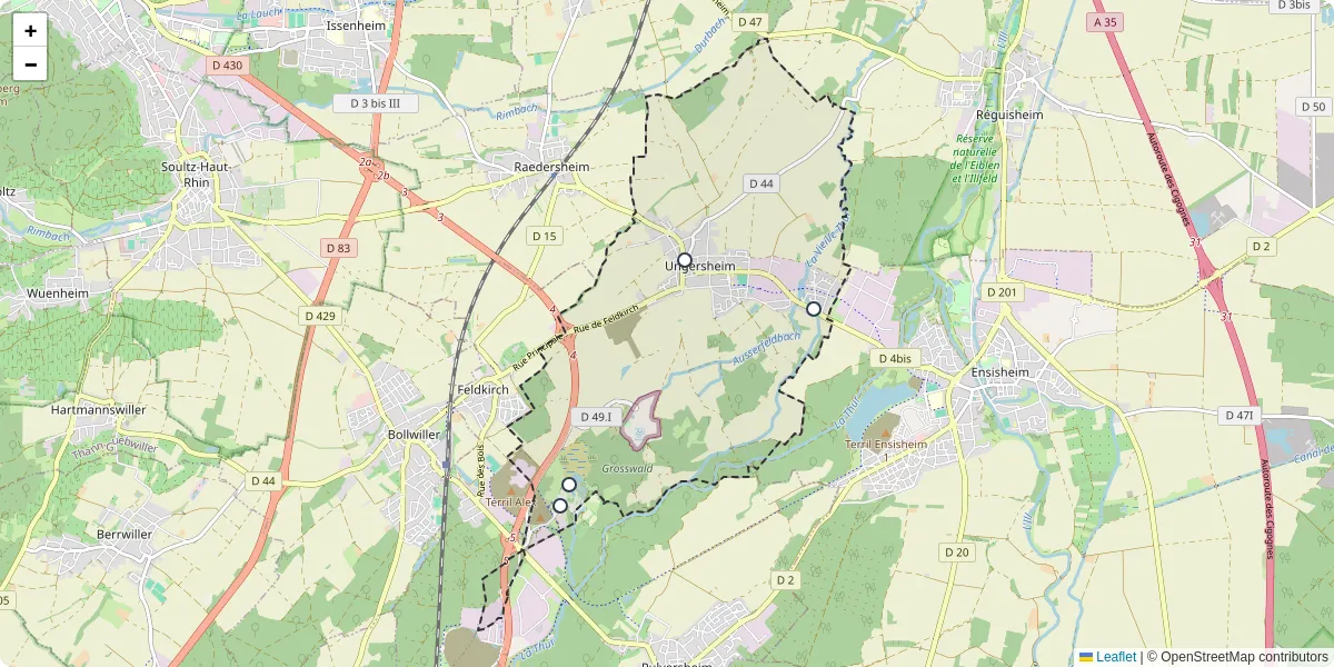 Carte du réseau de transport en commun à Ungersheim - lignes de bus et arrêts
