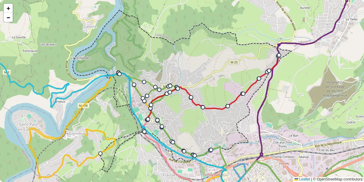 Carte du réseau de transport en commun à Unieux - lignes de bus et arrêts