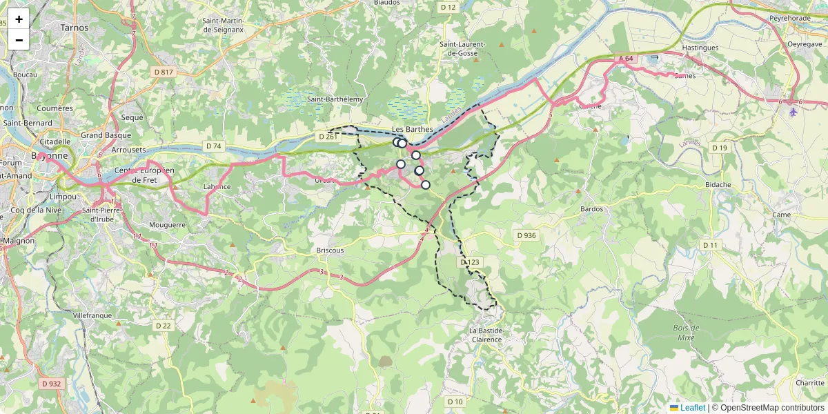 Carte du réseau de transport en commun à Urt - lignes de bus et arrêts