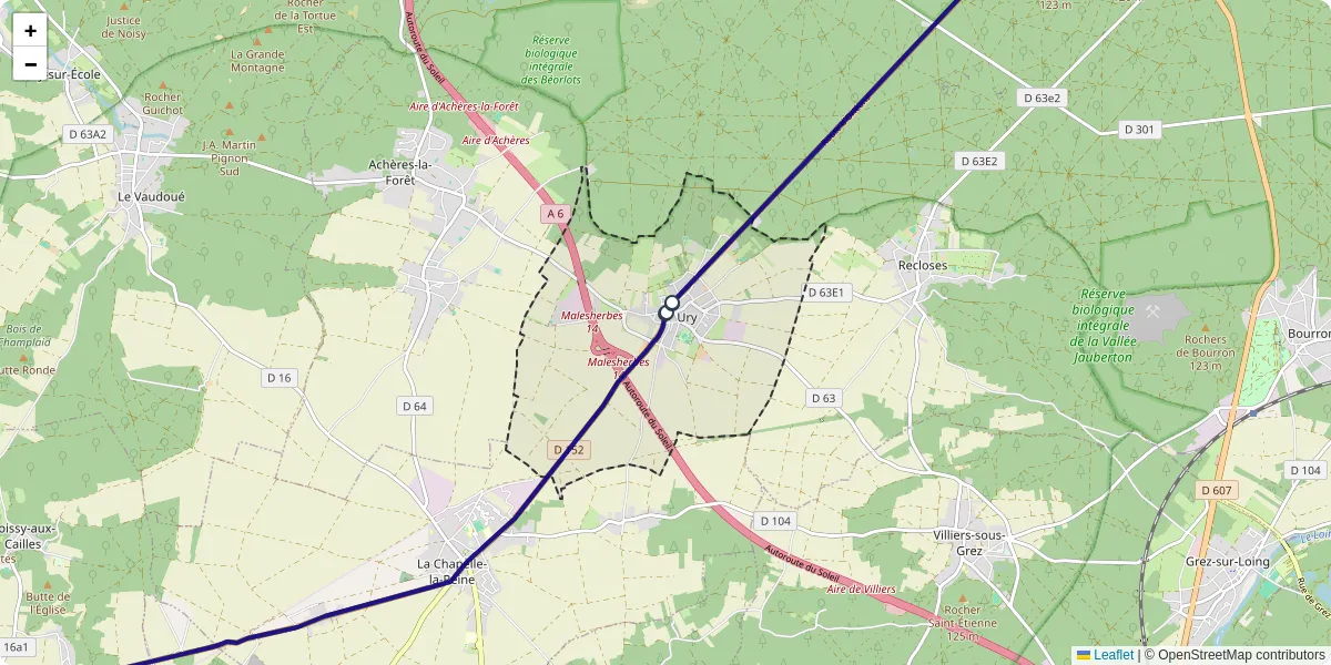 Carte du réseau de transport en commun à Ury - lignes de bus et arrêts